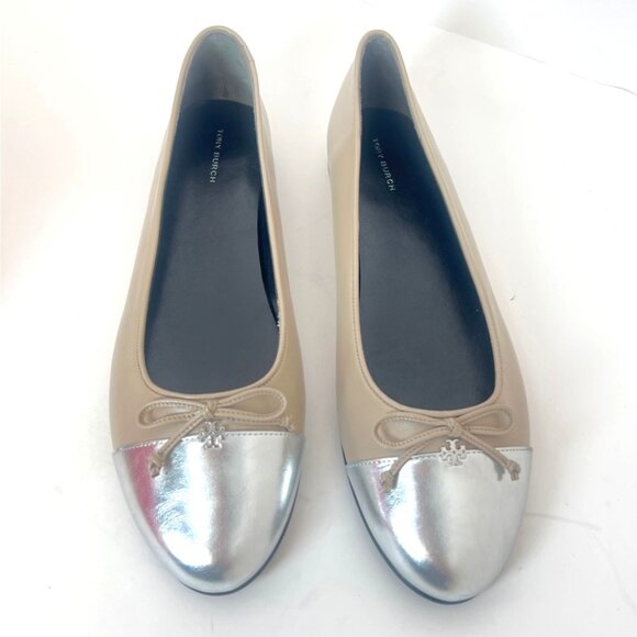 Tory Burch Cap-Toe Ballet Flats Oyster Silver Leather Womens Flats Size 11 - Picture 2 of 10